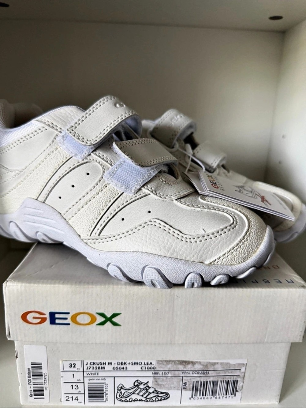 Geox Respira Crush Kids White Sneakers 31EU 13 US, 32 EU 1US & 33EU 2 US NWT